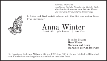 Traueranzeige von Anna Winter von Pegnitz-Zeitung